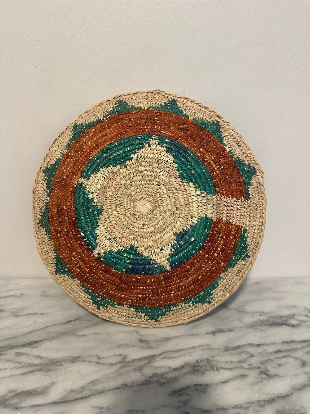 Vintage African Handwoven Decorative Wall Basket in Natural, Teal, and Brown